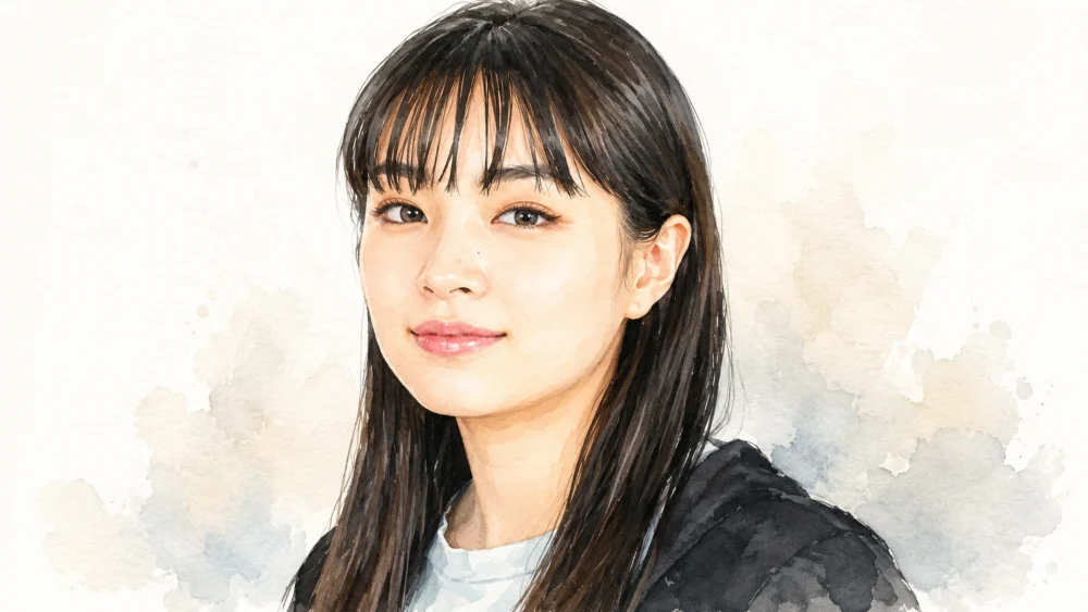 広瀬すずのイラスト：黒髪ロングの若い女性を、水彩タッチのやわらかいイラスト風に描いたポートレート。透明感のある肌と自然な微笑みが印象的で、淡いベージュとグレーの背景が落ち着いた雰囲気を演出している。